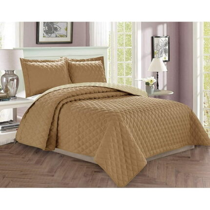 3-Piece Bedspread Coverlet Quilted Set with Shams - Full/Queen, Taupe/Cream