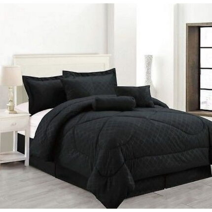 8-Piece Solid Luxury Hotel Comforter Set Bed In A bag - Black - California Size
