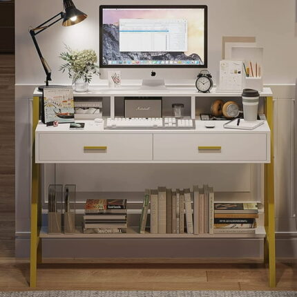 Afuhokles Modern Computer Desk with Drawers, Home Office Desk, White and Gold