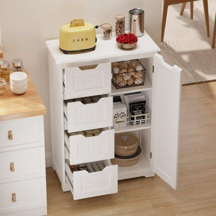 Asofer 33"H Pantry Cabinet, 1 Door 4 Drawer Sideboard with 3 Adjustable Shelves for Kitchen Dining Room, White