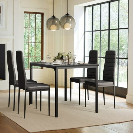 Asofer Dining Table Set for 4 with 1 Table & 4 Leather Cushion for Kitchen, Small Spaces, Black