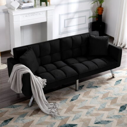 BSHTI Convertible Velvet Futon with Armrests and 2 Pillows, Black