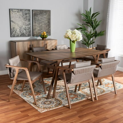 Baxton Studio Marcena Mid-Century Modern Grey Imitation Leather Upholstered and Walnut Brown Finished Wood 7-Piece Dining Set