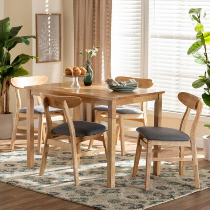 Baxton Studio 5 Piece Mid-Century Wood and Plush Fabric Dining Table with Chair
