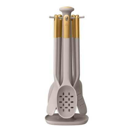 Beautiful 6-Piece Silicone Kitchen Utensil Tool Set with Rotating Rack by Drew Barrymore, Porcini Taupe