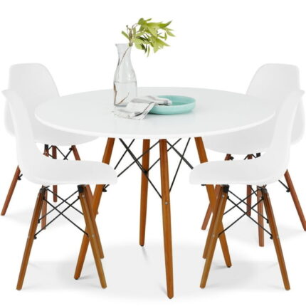 Best Choice Products 5-Piece Compact Mid-Century Modern Dining Set w/ 4 Chairs, Wooden Legs - White/Walnut