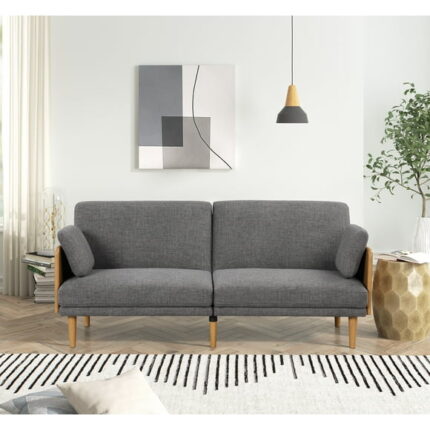 Better Homes & Gardens 73" Reading Futon, Natural Rubber Wood Legs & Arms, Grey Linen Fabric