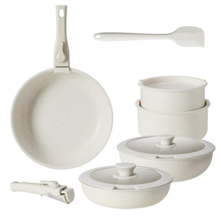 CONCETTA 12-Pc Non-Stick Cookware Set w/ Detachable Handles, Beige - Easy Cooking Essentials