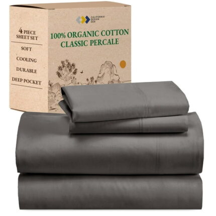 California Design Den 100% Organic Cotton Sheets Set - Percale, Deep Pocket Queen (Grey)