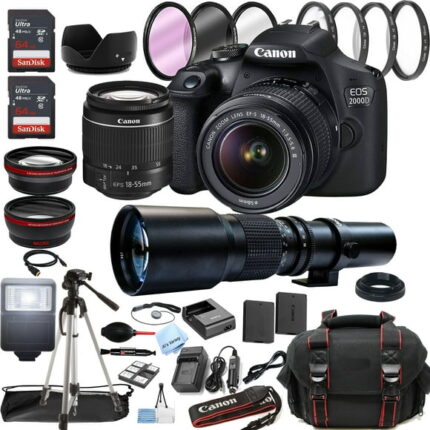 Canon EOS 2000D / Rebel T7 DSLR Camera w/18-55mm + 500mm Preset Lens + 128GB Memory + Case + Tripod + Filters -38pc Bundle