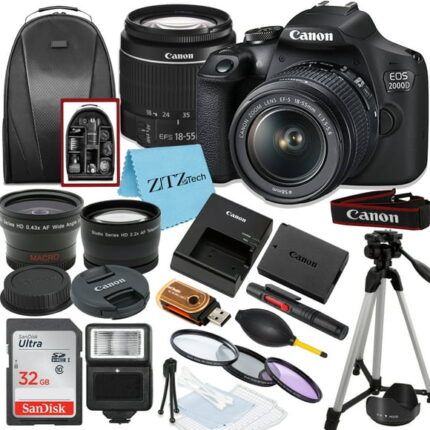 Canon EOS 2000D / Rebel T7 DSLR Camera with 18-55mm Lens, SanDisk 32GB Memory, Tripod, Backpack and ZeeTech Bundle (International Model)