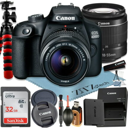 Canon EOS 4000D / Rebel T100 DSLR Camera 18MP with EF-S 18-55mm Zoom Lens + SanDisk 32GB Memory Card + Tripod + ZeeTech Accessory Bundle (International Model)