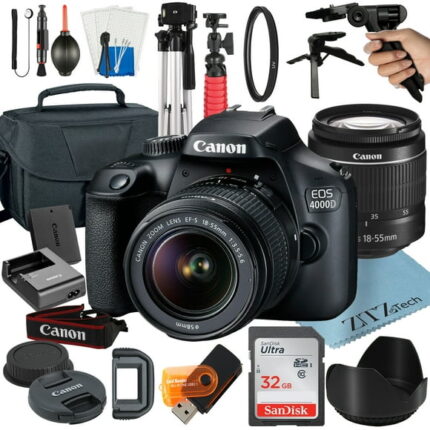 Canon EOS Rebel T100 / 4000D DSLR Camera Bundle with 18-55mm Zoom Lens + 32GB SanDisk Card + Case + Tripod + ZeeTech Accessory (International Model)
