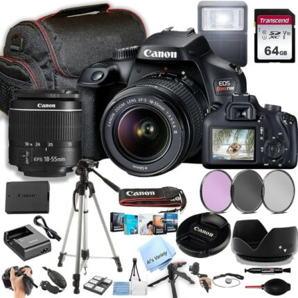 Canon Rebel T100 / EOS 4000D Camera w/EF-S 18-55mm F/3.5-5.6 Zoom Lens, 64GB SD Card, Flash and More