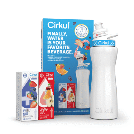 Cirkul 22 oz White Stainless Steel Bottle Starter Kit with Blue Lid and 2 Flavor Cartridges (Fruit Punch & Mixed Berry)