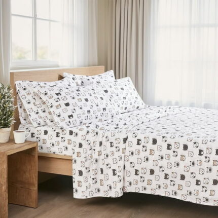 Comfort Spaces Flannel Sheets Queen W/ Pocket, 100% Cotton, Novalty Grey/Pink Cats, Queen Sheet Sets, 4 Pieces