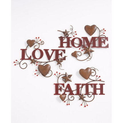 Country Wall Art With Metal Hearts And Stars - Home, Love And Faith - Set of 3
