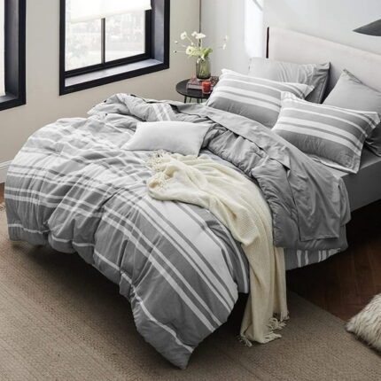 Cozy Comfort 7-Pieces Grey White Striped Comforter Bed-in-a-Bag, Queen