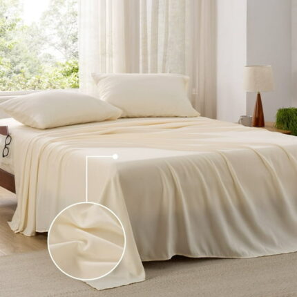 Cozy Comfort Full Bed Sheets with Side Pocket,4 Pieces Polyester Microfiber Cooling Bed Sheet Set,Beige