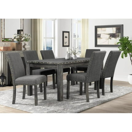 Dark Gray Nailhead Trim Accents Dining Table Set 7 Pcs McFerran D806 Traditional