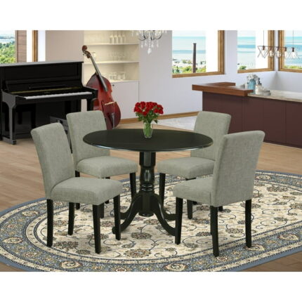 East West Furniture DLAB5-BLK-06 5-Pc Round 42" Kitchen Table With Two 9-Inch Drop Leaves And Four Parson Chair With Black Leg and Linen Fabric Shitake