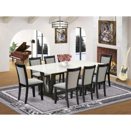 East West Furniture V-Style 9 Pieces Wood Dining Set in Black/White/Dark Gray
