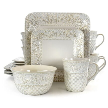 Elama Ivory Lotus 16 Piece Square Dinnerware Set