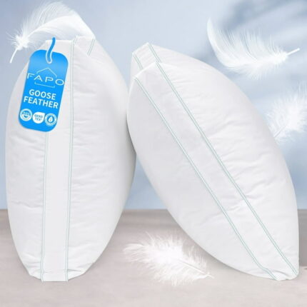 FAPO Goose Feather Down Pillows, Gusseted Bed Pillows Queen Size Set of 2, Luxury Hotel Collection Fluffy Pillows 100% Cotton Cover