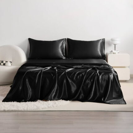 Flxxie Silky Satin Cooling Bed Sheet Set, Twin, Black, 3 Pieces