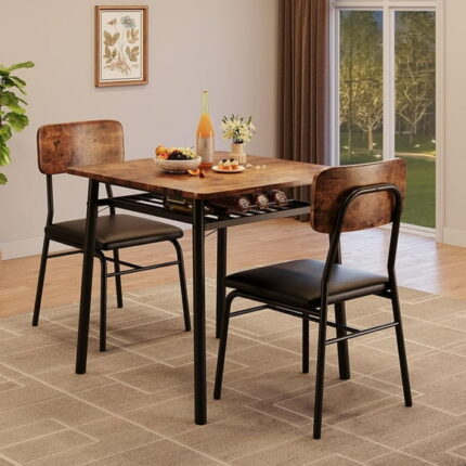 GAOMON 3-Piece Modern Dining Table Set with 2 Upholstered Stools & Storage Rack  Ideal for Small Spaces