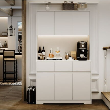 Homfa 70.9'' Kitchen Pantry Hutch with Charge Station & Led Light, 3 Drawer Storage Cabinet with Adjustable Shelves, White