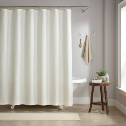 Host & Home Damask Shower Curtain Set, 72x72, with 12 Metal Rolling Rings, Weighted Hem, Rust-Proof Grommets, 100% Polyester Yarn, White