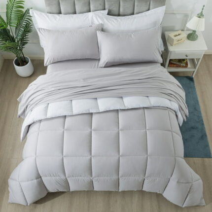 IGI Queen Size 7 Piece Comforter Set, Bed in a Bag, Hotel Bedding Sets, Adult, Unisex, White/Light Gray