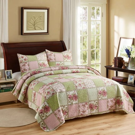 JML Quilt Set, King, Pink Green Flower, 3 Piece