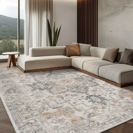 KUETH Modern Area Rug 8x10, Machine Washable Rugs for Living Room, Non Slip Carpet Printed, Low Pile, Light Taupe Brown