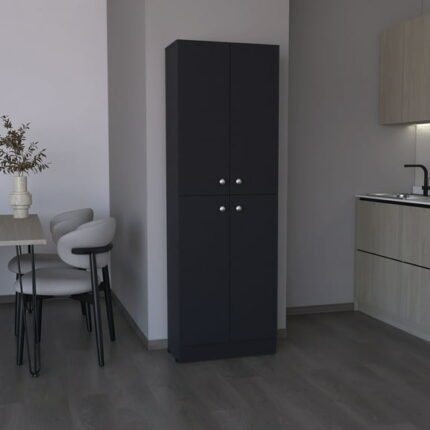 Kitchen Pantry 71" H, 4 Doors, 5 Adjustable Shelves, Laundry, Black