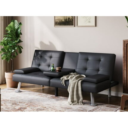 LINSY HOME Faux Leather Upholstered Convertible Futon Sofa Bed for Compact Living Space, Apartment, Dorm, Black