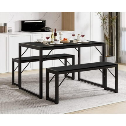 Lofka 3-Piece Rectanglar Kitchen Dining Table Set for 4 for Dining Room, 1 Table & 2 Benches, Black