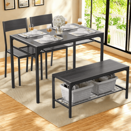 Lofka Dining Table Set for 4, Kitchen Table Set with Storage Rack, 1 Bench & 2 Chairs, Black