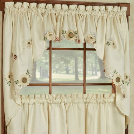 Lorraine Home Fashions Modern Off-White Sunflower Rod Pocket Light Filtering, 38 x 30 (2 Panels)
