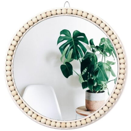 MEHOOM 17" Round Wall Mirror, Boho Hanging Round Mirror, Wall Decor for Bedroom, Bathroom, Living Room, Beige