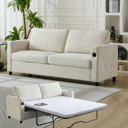 MUZZ Sleeper Sofa with Pull out Couch, Queen Size Convertible Sofa Bed with Mattress, USB Ports & Cup Holder, Beige
