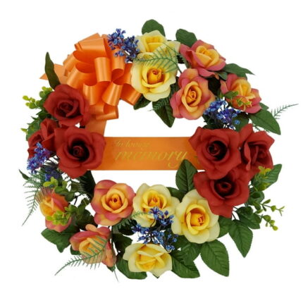 Mainstays 17in Outdoor Artificial Rose Wreath, Red and Yellow Color. Polyester.