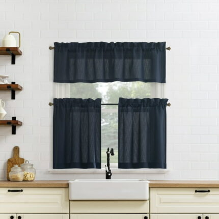 Mainstays Solid Semi-Sheer Curtain Tier Pair and Valance Set, 3-Piece, Navy, 54" W x 36" L