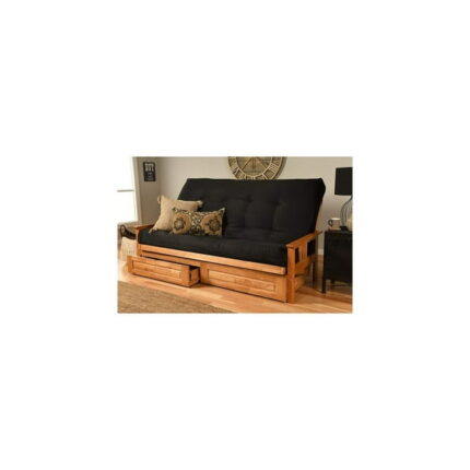 Maykoosh Retro Revival Futon Frame Queen-Butternut Finish-Suede Black Mattress-Storage Drawers