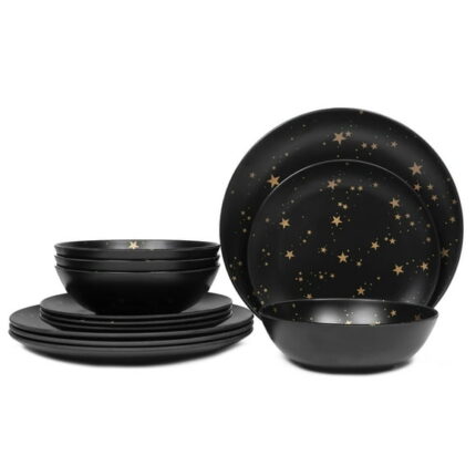 Melamine Dinnerware Sets for 4, 12 Piece Plates and Bowls Sets - BPA Free, Dishwasher Safe, Outdoor Indoor Use, Golden Star