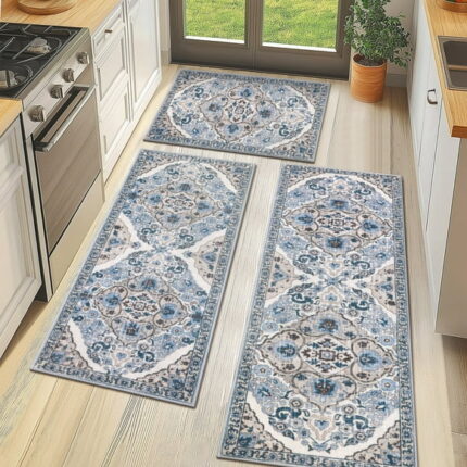 MeyJey Boho Kitchen Rug and Mat Set 3 Piece, Non-Slip Machine Washable Rugs for Kitchen Floor Dining/Laundry/Living Room, Blue/Beige