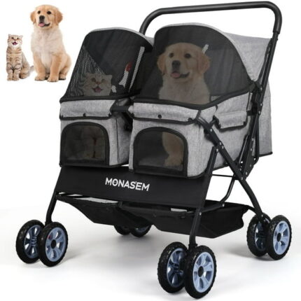 Monasem Double Pet Stroller Foldable Stroller for 2 Dogs Cats Two-Seater Carrier Strolling Cart for Dog Cat and More Multiple,Grey