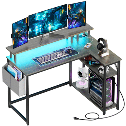 Mr IRONSTONE L-Shaped Desk with Power Outlets, LED Lights, and Monitor Stand, 47-inch Corner Desk for Home Office, Dark Gray