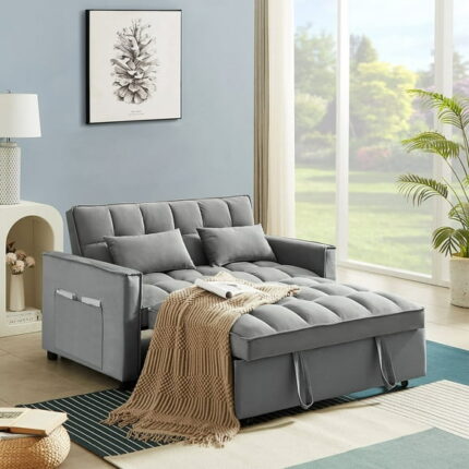 Muumblus 55" Pull Out Sofa Bed, Convertible Sleeper Loveseat with Adjsutable Backrest, Modern Velvet Futon Sofa Beds for apartment, Grey